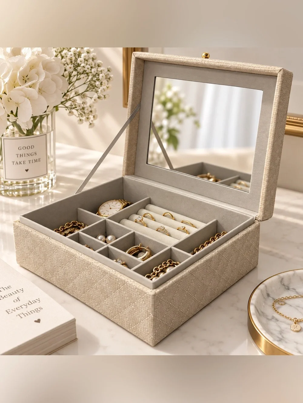 Linen-Effect Beige Jewelry Organizer Box with Mirror